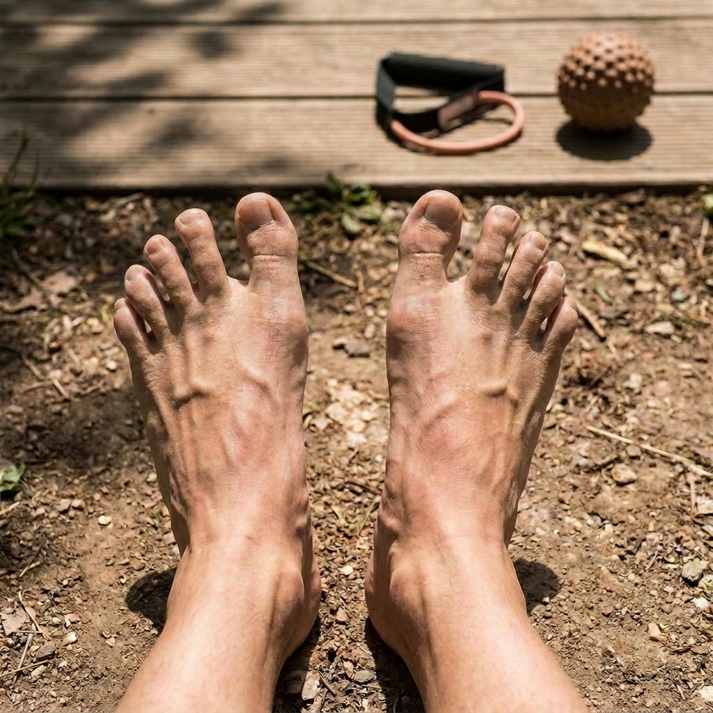 Blote voeten die buiten trainen tijdens het wennen aan barefoot lopen