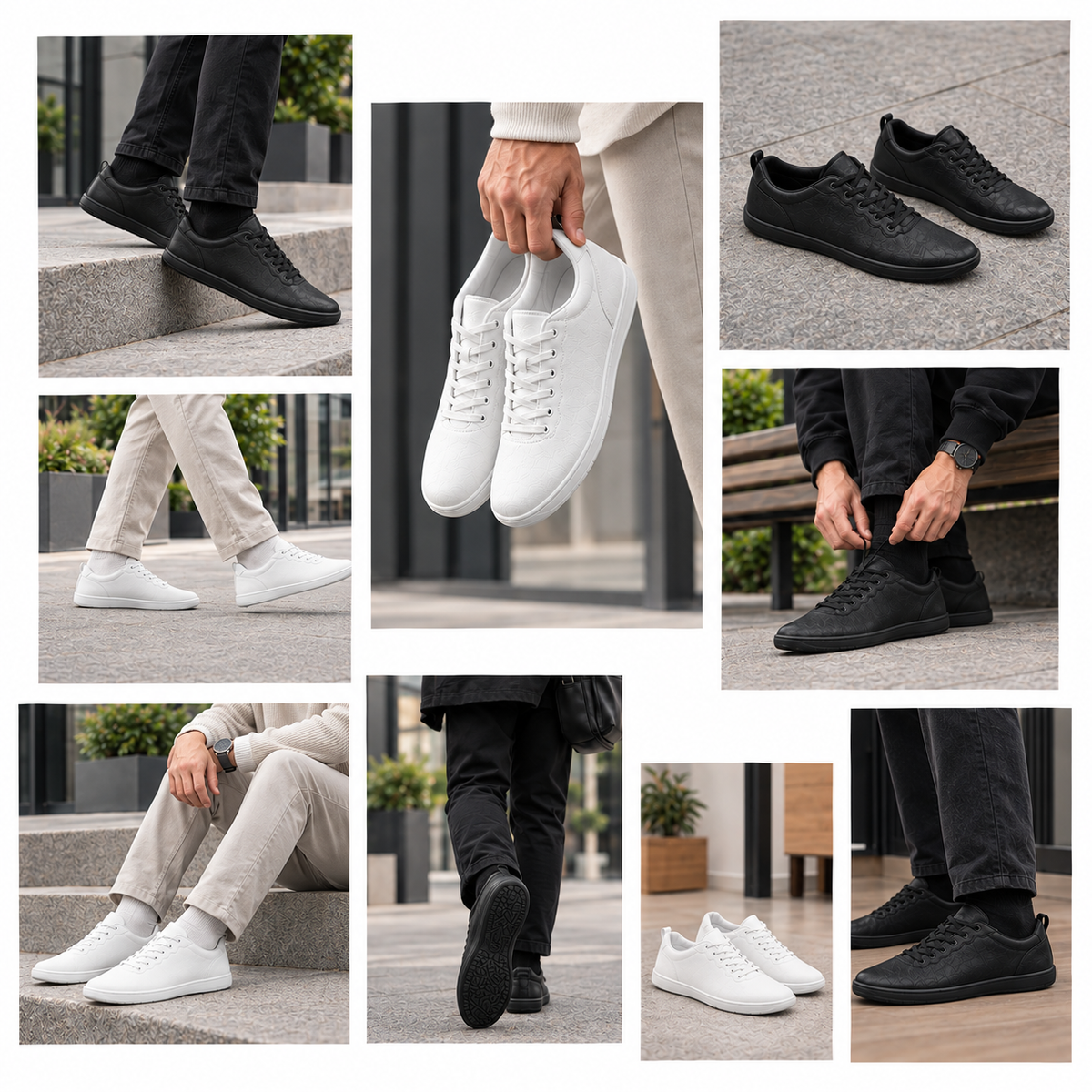 Collage van Van Eeden barefoot sneakers in zwart en wit, gedragen in de stad