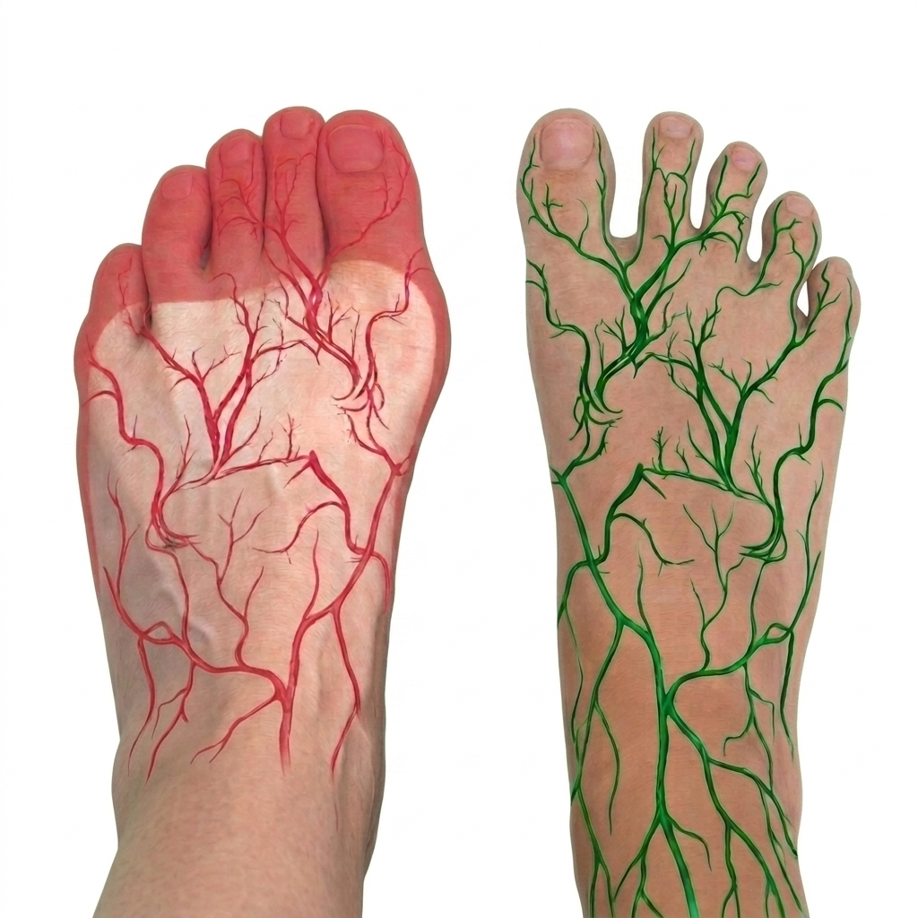Vergelijking van de doorbloeding in een samengeknepen voet (rood) en een vrij bewegende barefoot voet (groen)