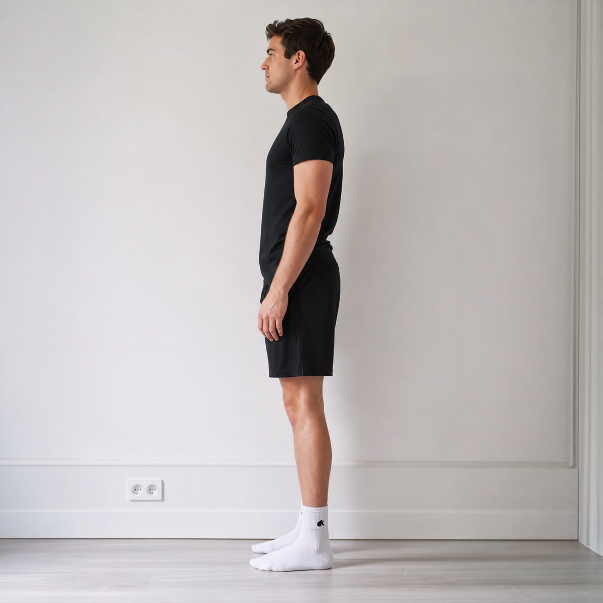 Man staat rechtop op sokken, natuurlijke houding zonder verhoogde hak zoals bij barefoot lopen