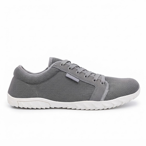 Eos barefoot sneaker in grijs mesh – zijaanzicht met brede teenbox