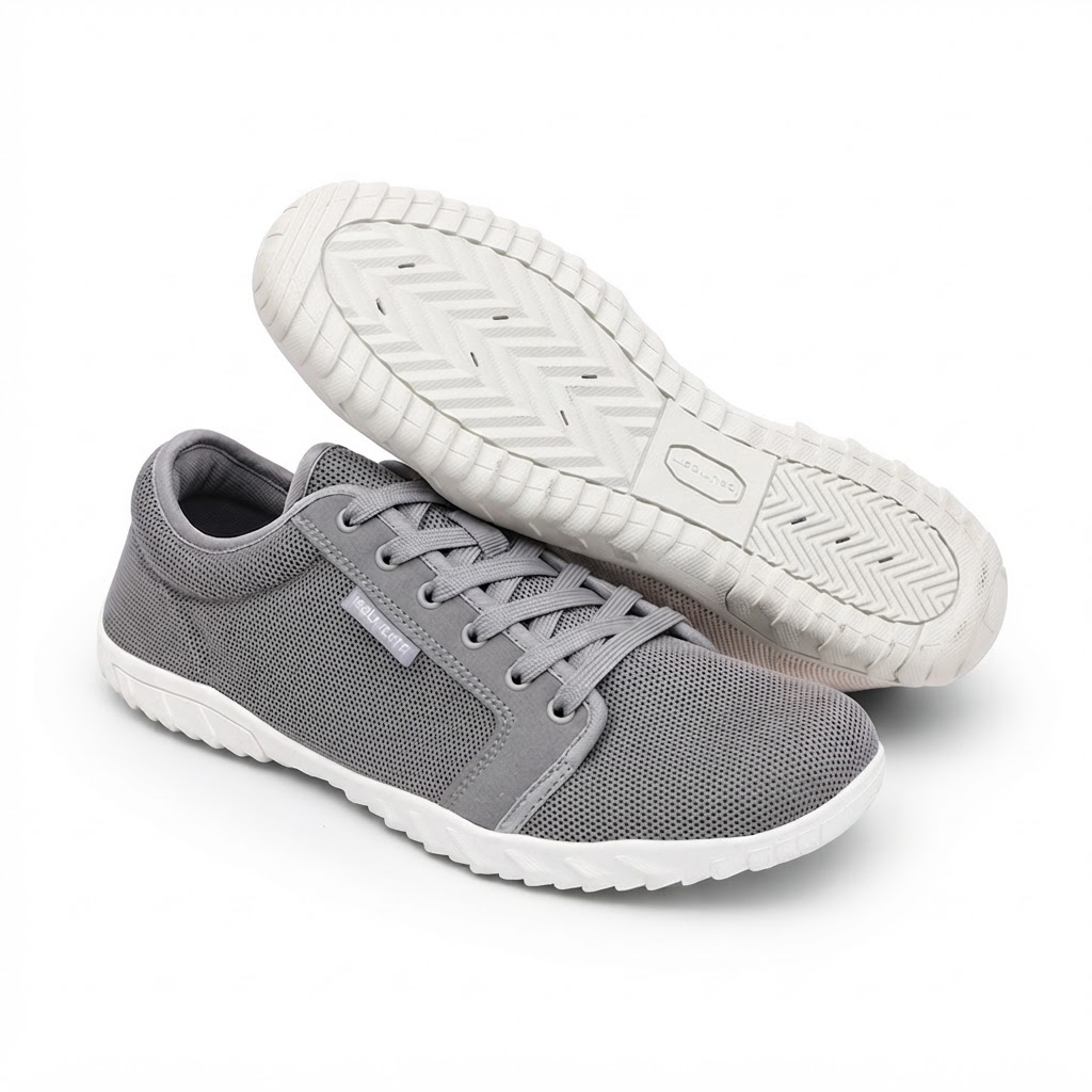 Eos barefoot sneaker in grijs met zicht op de dunne, flexibele zool