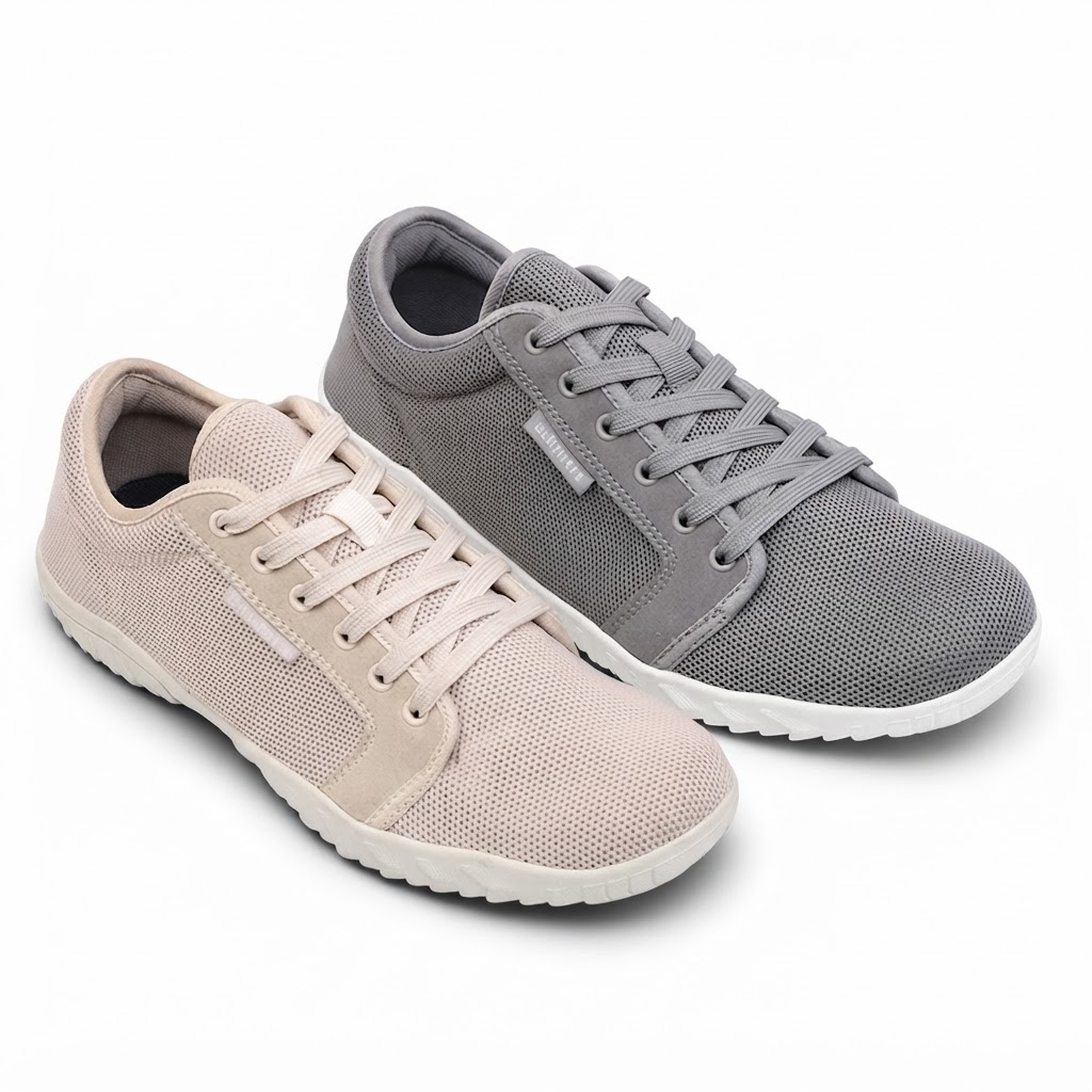 Eos barefoot sneaker in beige en grijs naast elkaar