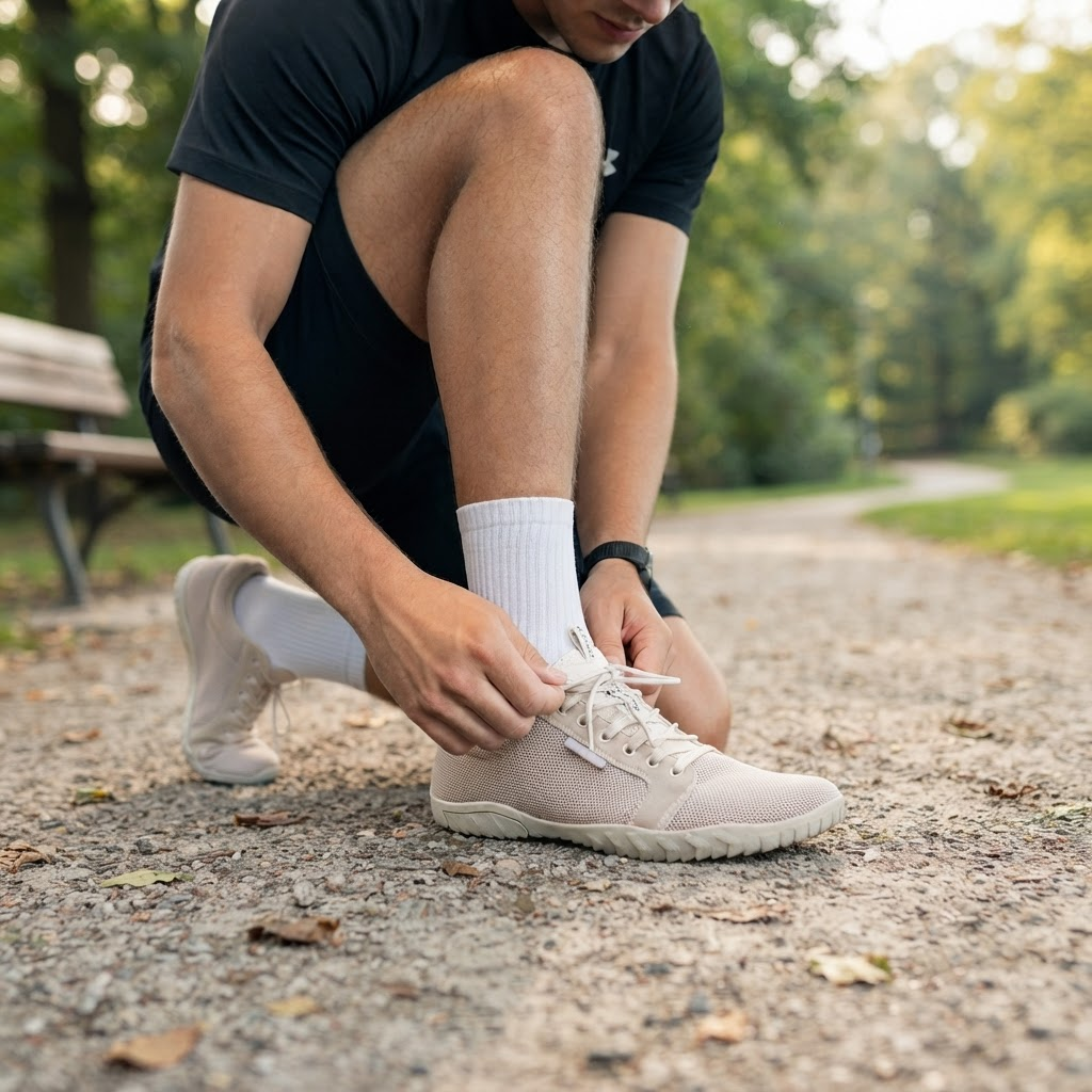 Man strikt zijn beige Eos barefoot sneaker op een bospad – barefoot schoenen van Van Eeden