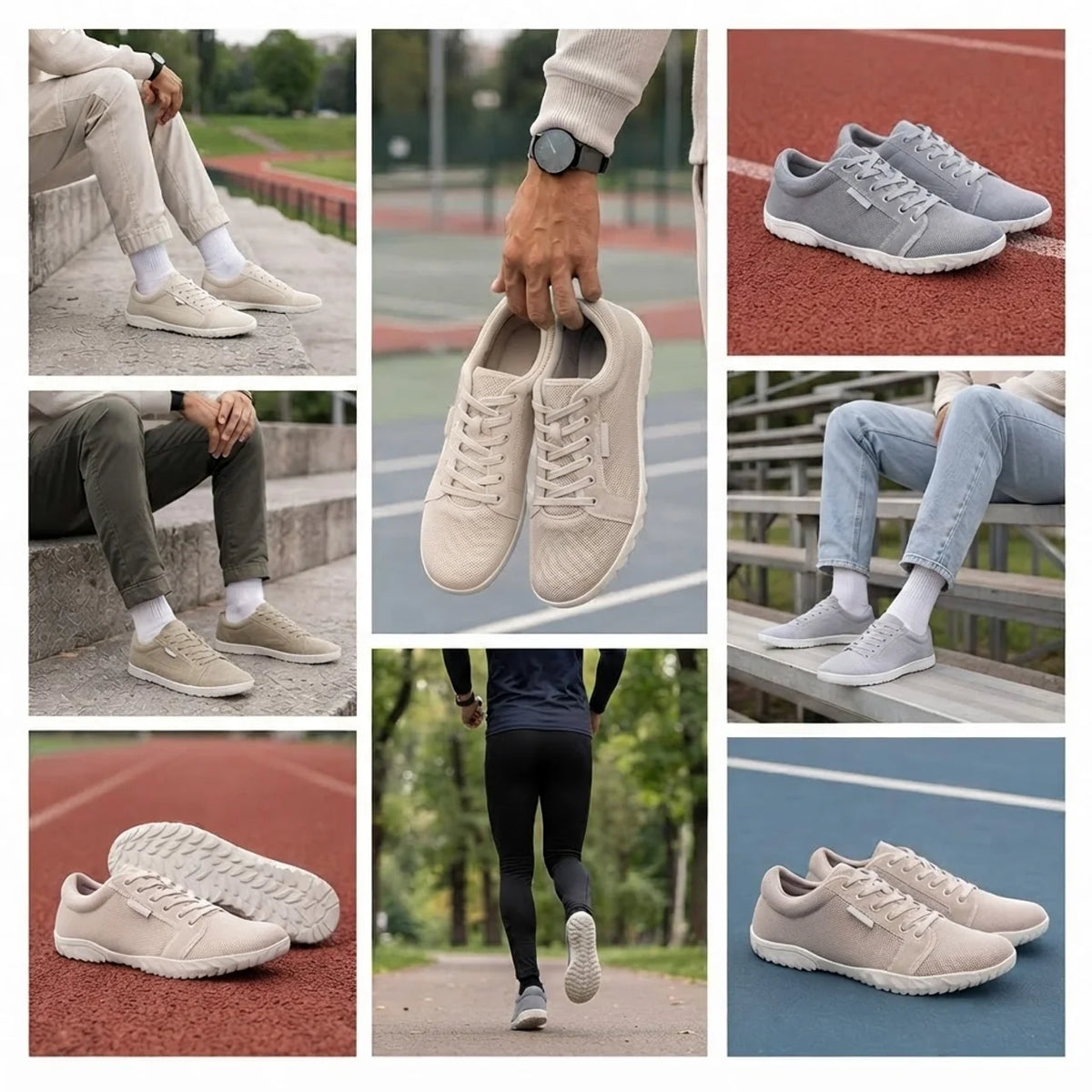 Collage van Van Eeden barefoot sneakers in beige en grijs, gedragen op straat, op de atletiekbaan en tijdens het hardlopen